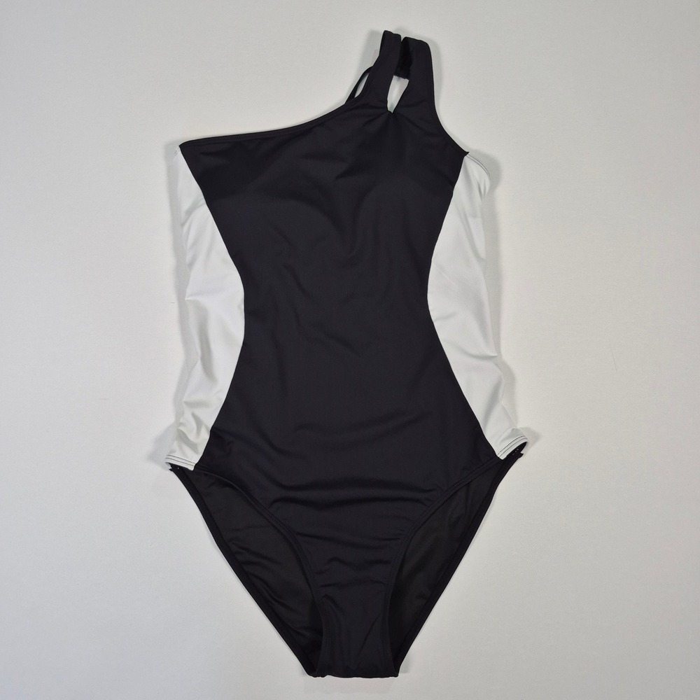 Holipick Womens One Shoulder Colorblock One Piece Swimsuit Black White Large NWT